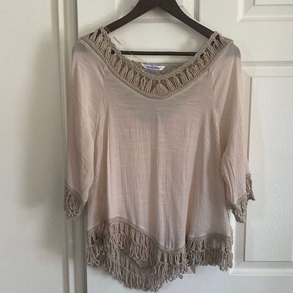 Light Cream Fringe Tunic Top with Crochet Trim